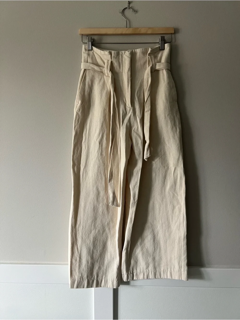 Zara Cream High Rise Wide Leg Belted Trousers Pants Size S